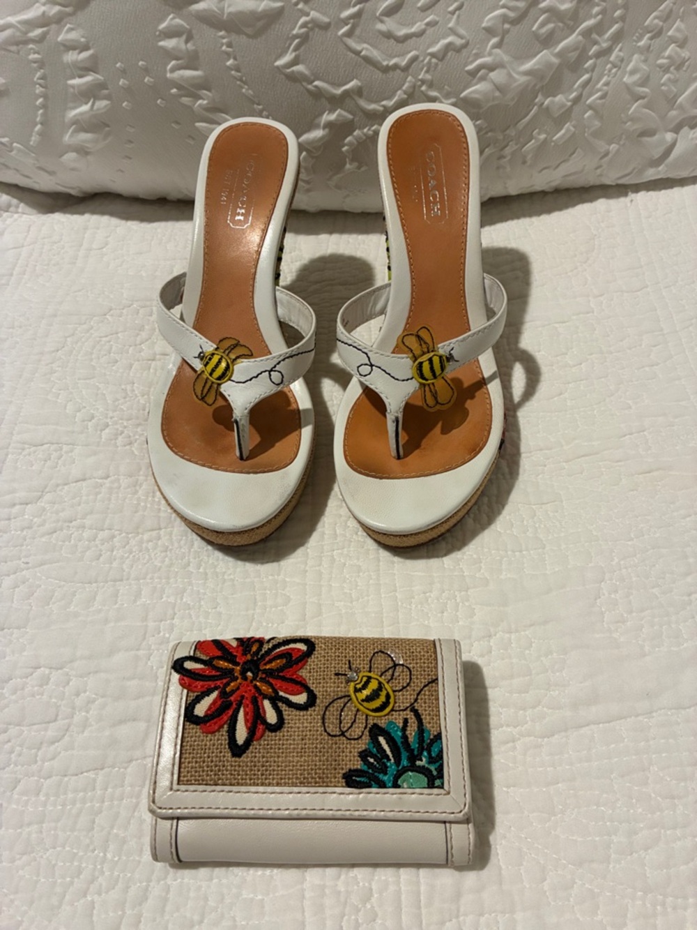 Coach White Leather Wedge Thong Sandals with Yellow Bee Embroidery